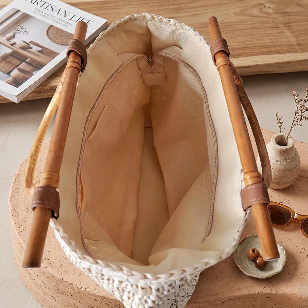 Natural Raffia Bamboo Handle Tote Bag - Image 5