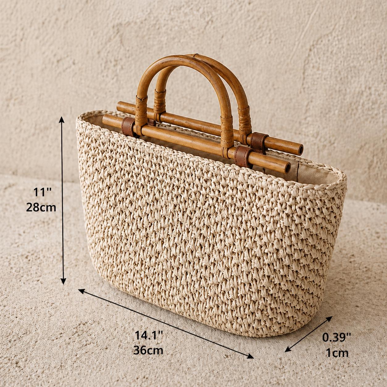 Natural Raffia Bamboo Handle Tote Bag - Image 3