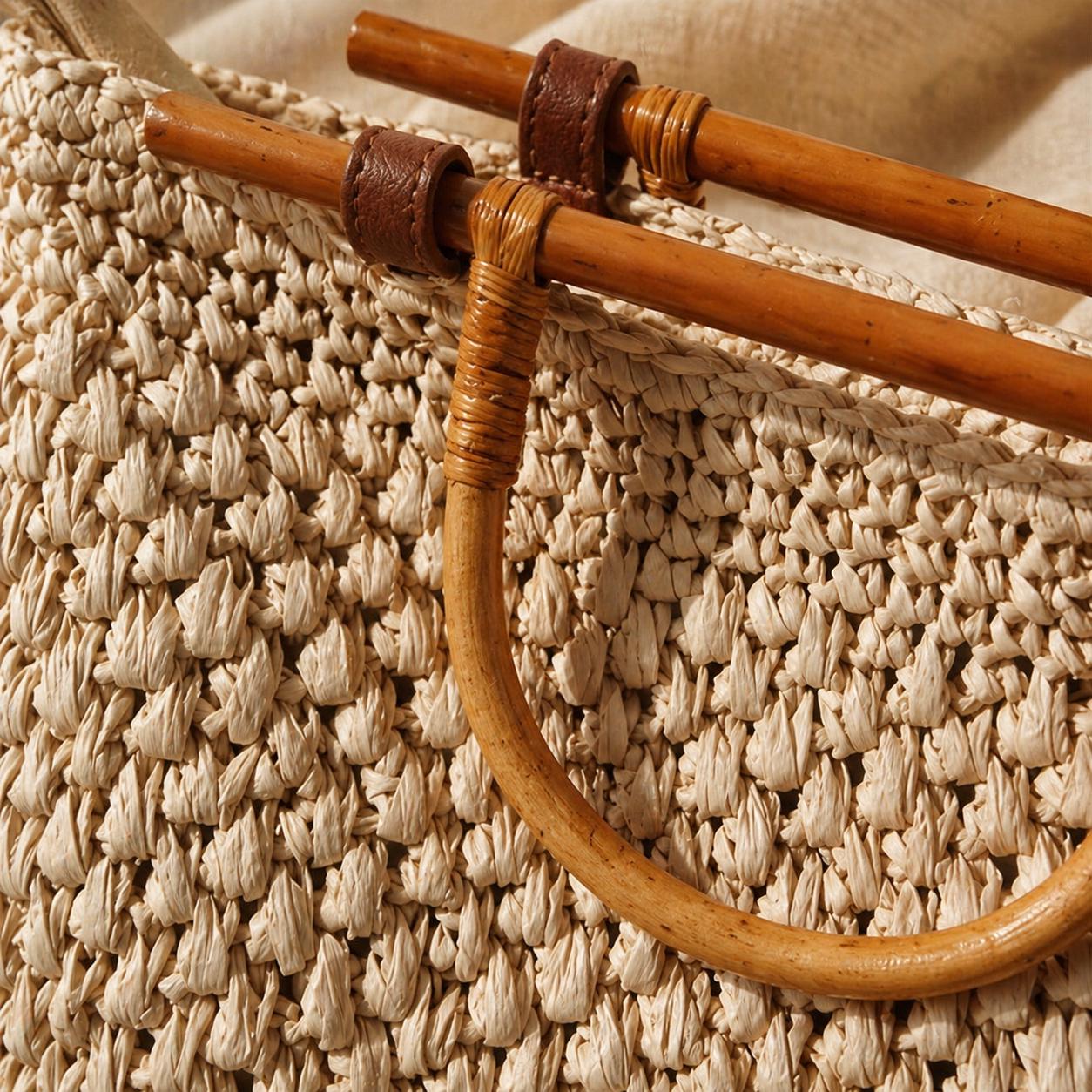 Natural Raffia Bamboo Handle Tote Bag - Image 6