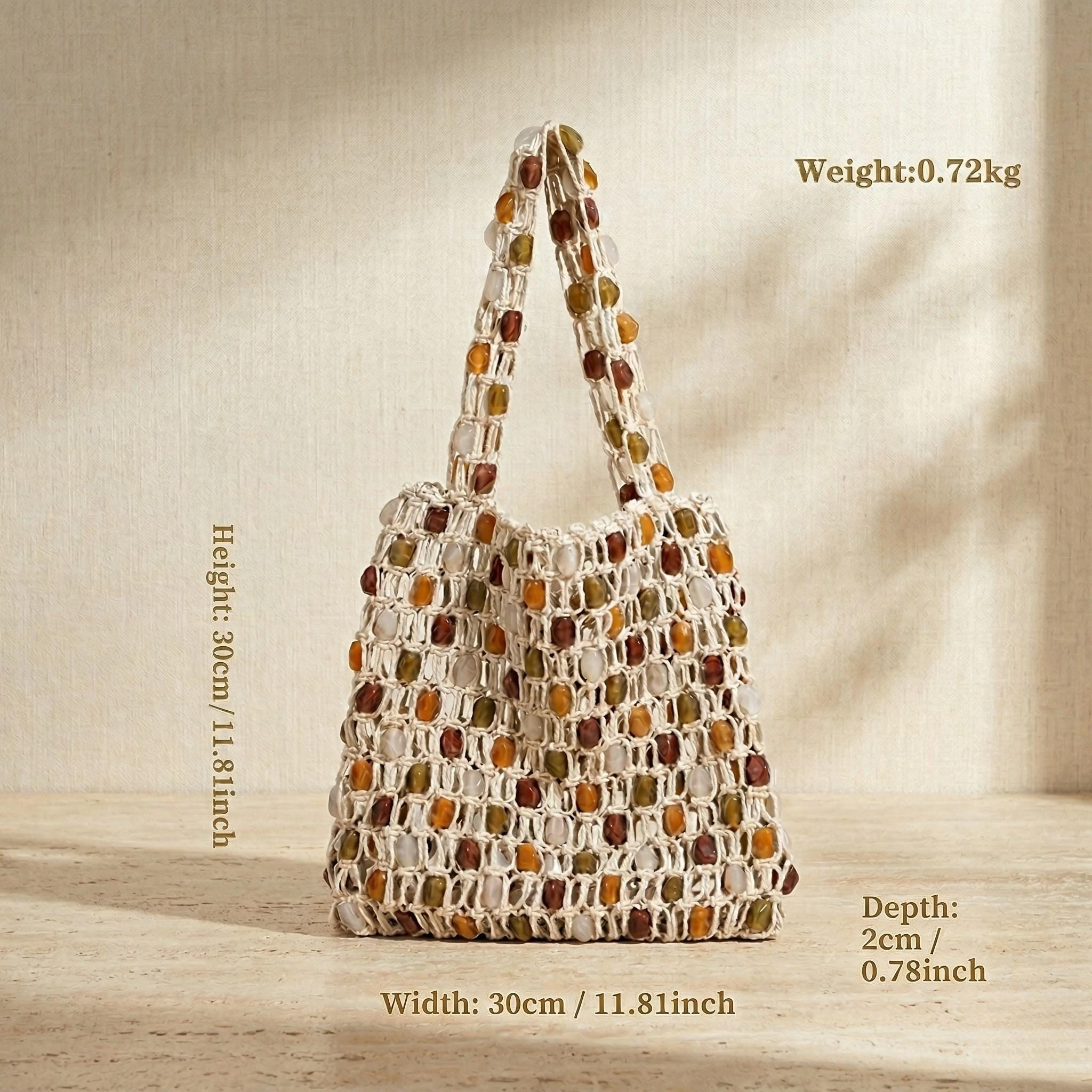 White Beaded Macrame Tote Bag - Image 2