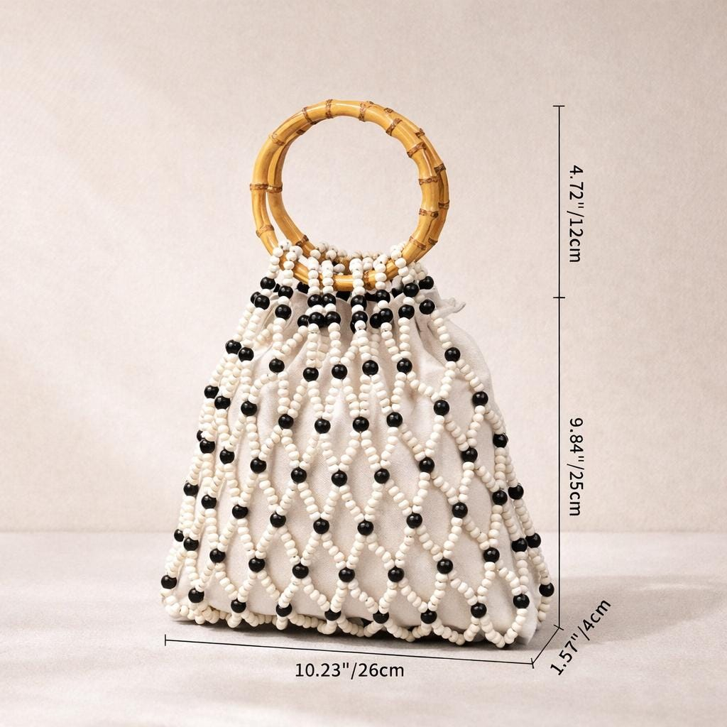 White Beaded Bamboo Handle Bag - Image 3