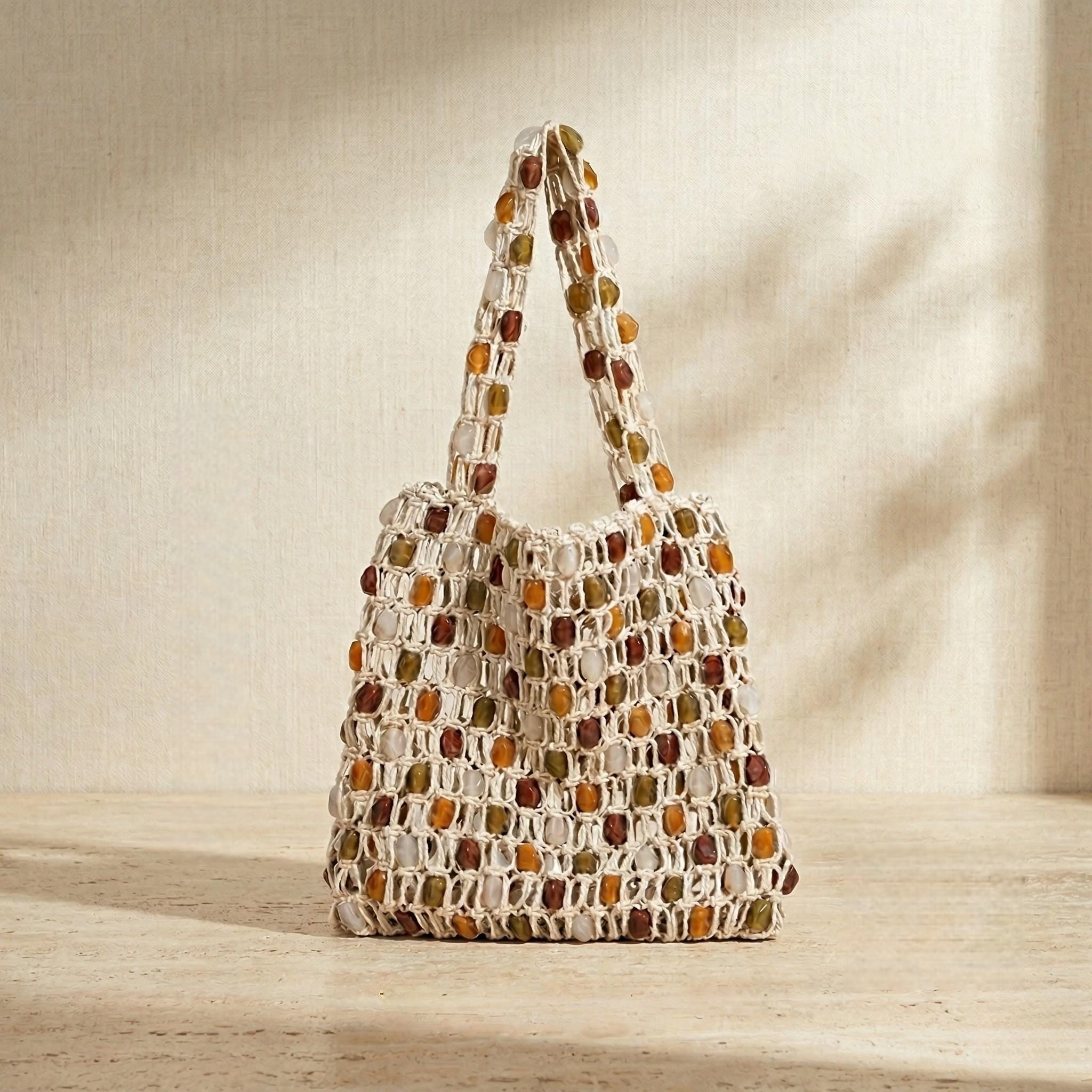 White Beaded Macrame Tote Bag