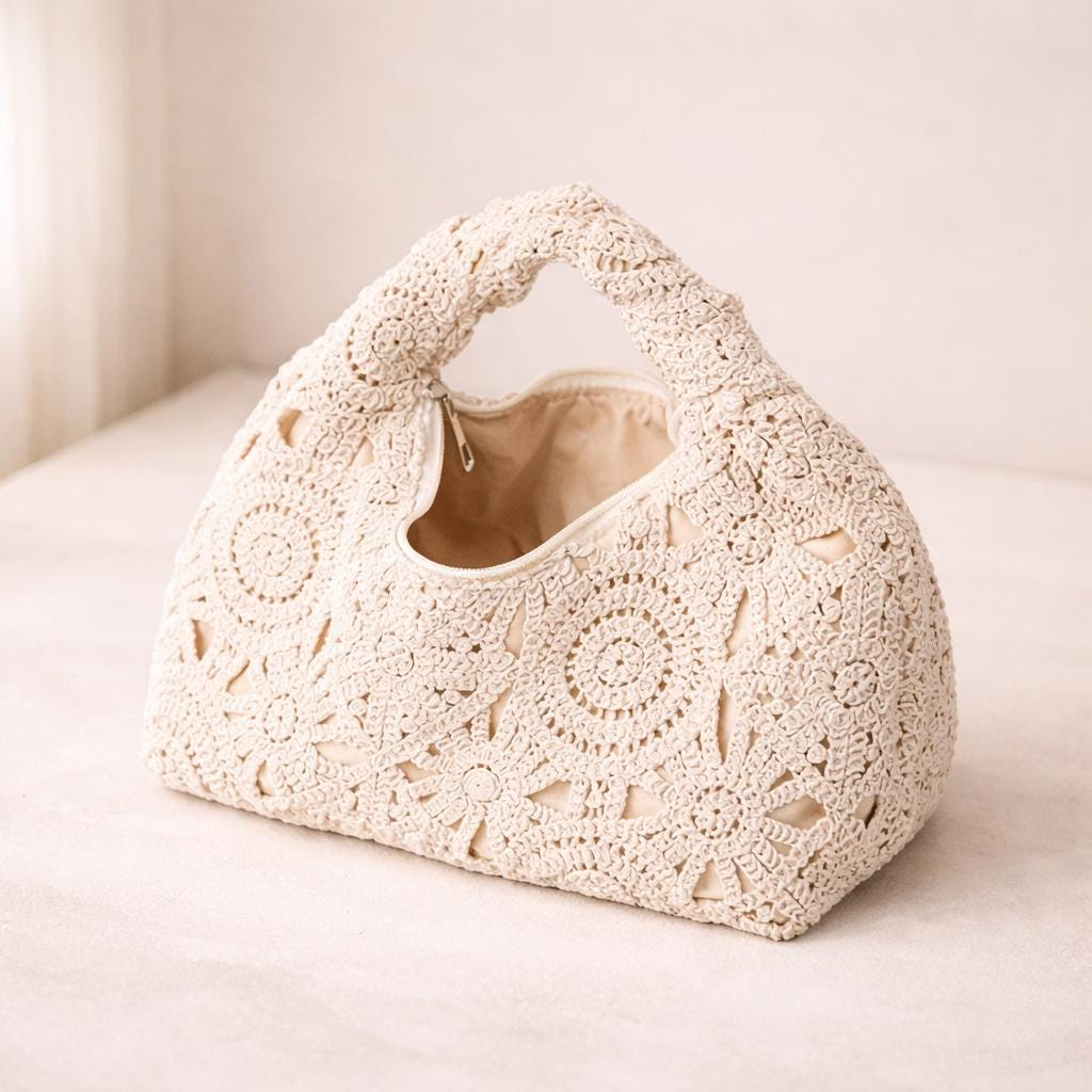 Ivory Floral Crochet Top Handle Bag