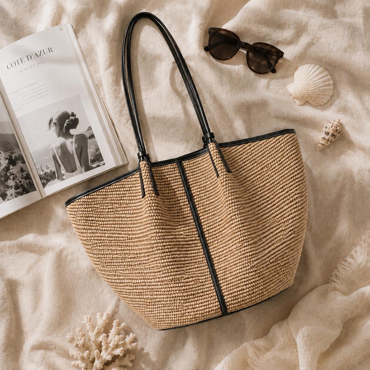 Natural Straw Woven Tote Bag - Image 4
