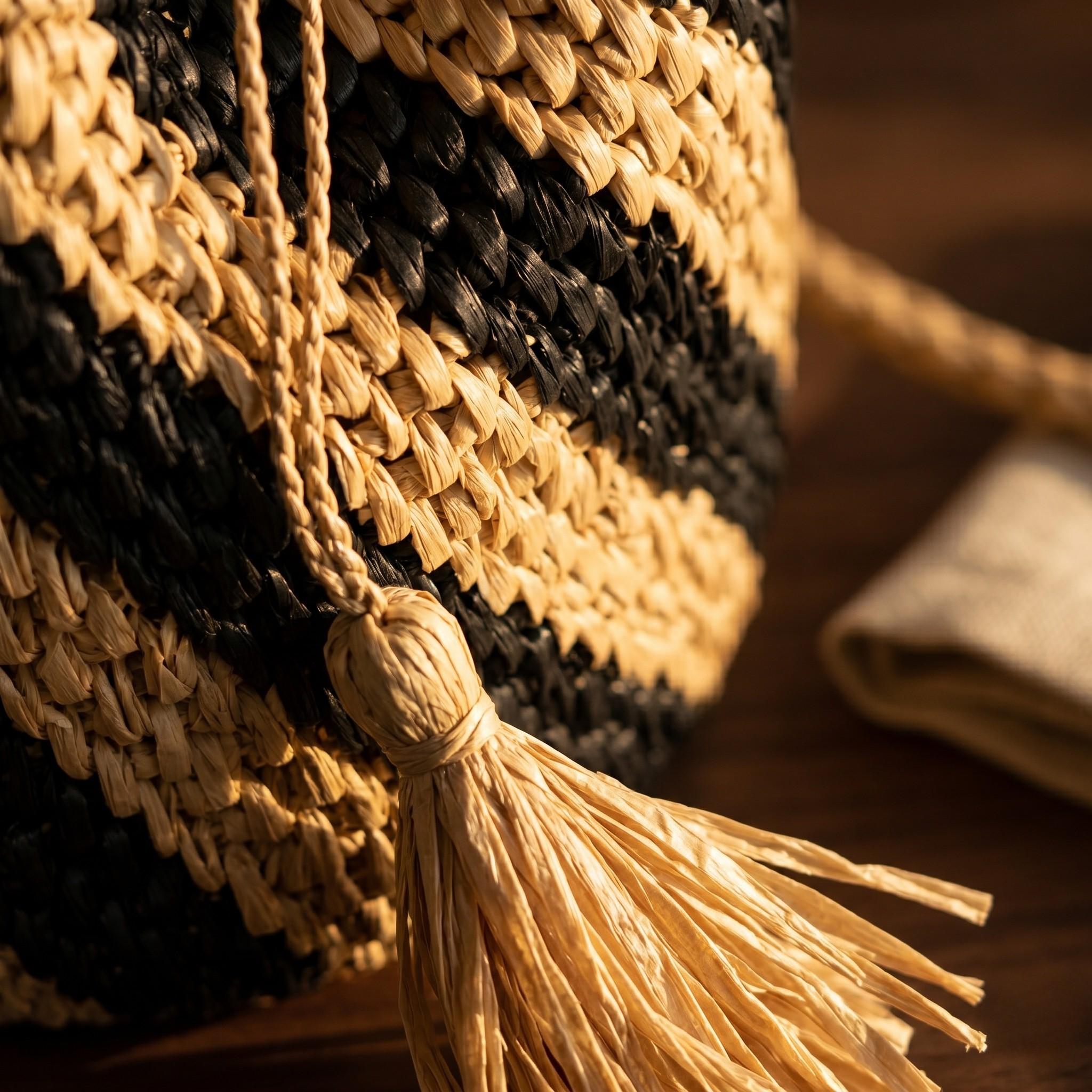 Black Natural Striped Woven Bucket Bag - Image 4