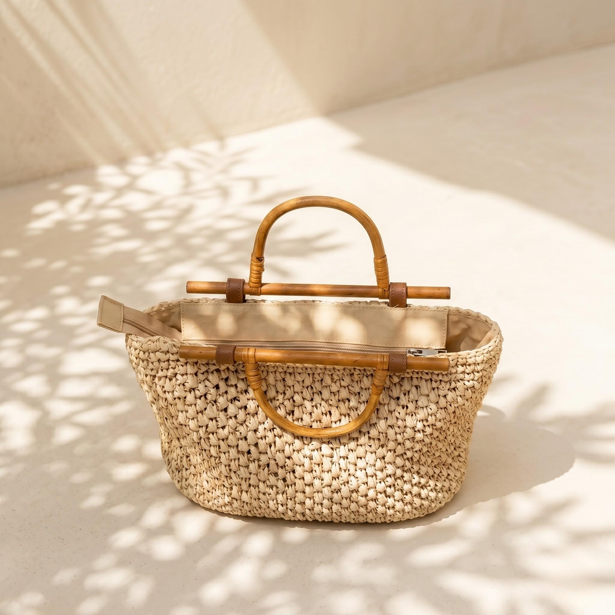 Natural Raffia Bamboo Handle Tote Bag