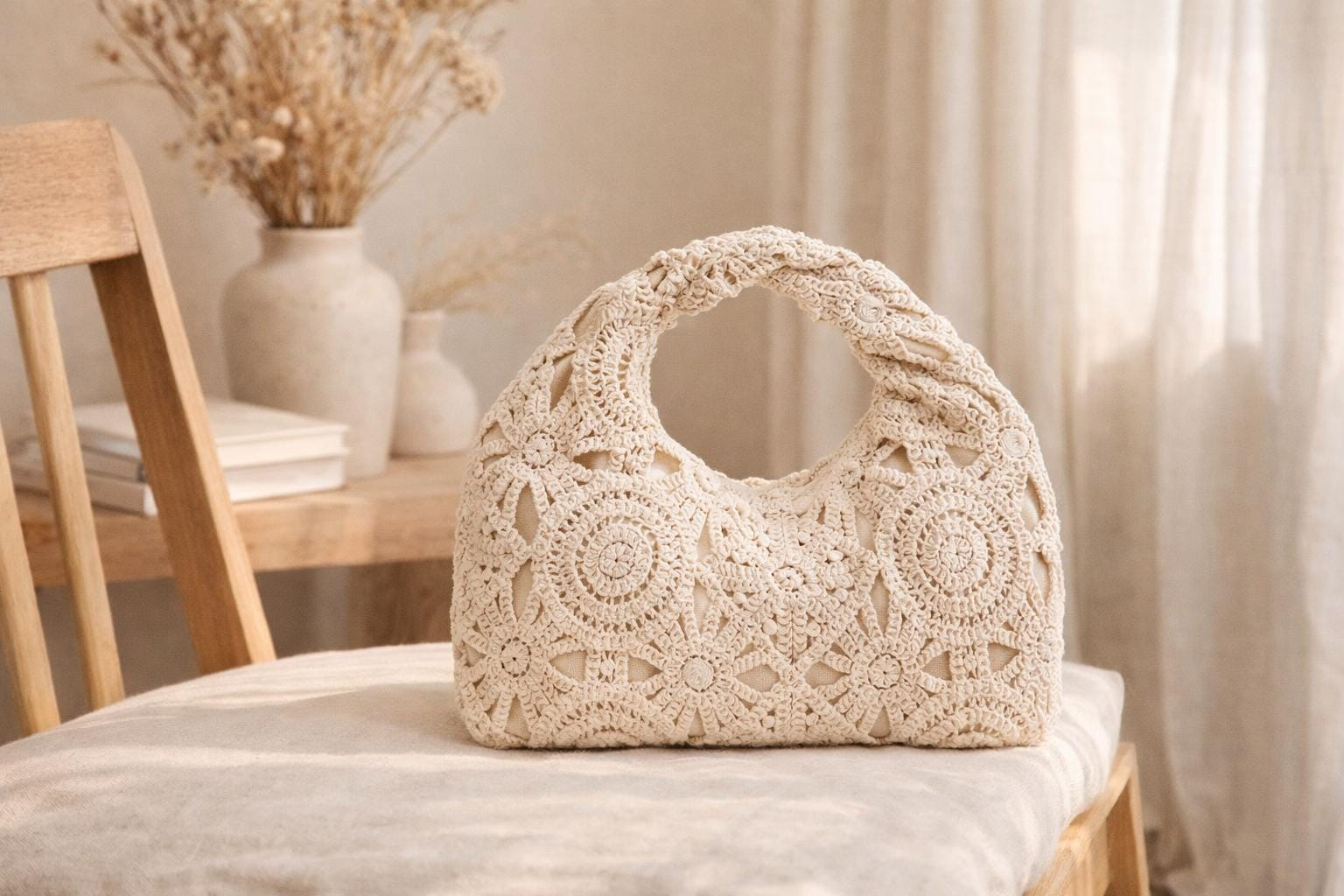 Ivory Floral Crochet Top Handle Bag - Image 2