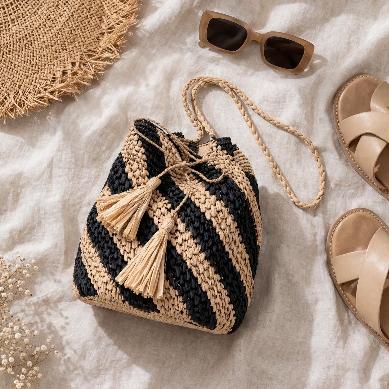 Black Natural Striped Woven Bucket Bag - Image 2
