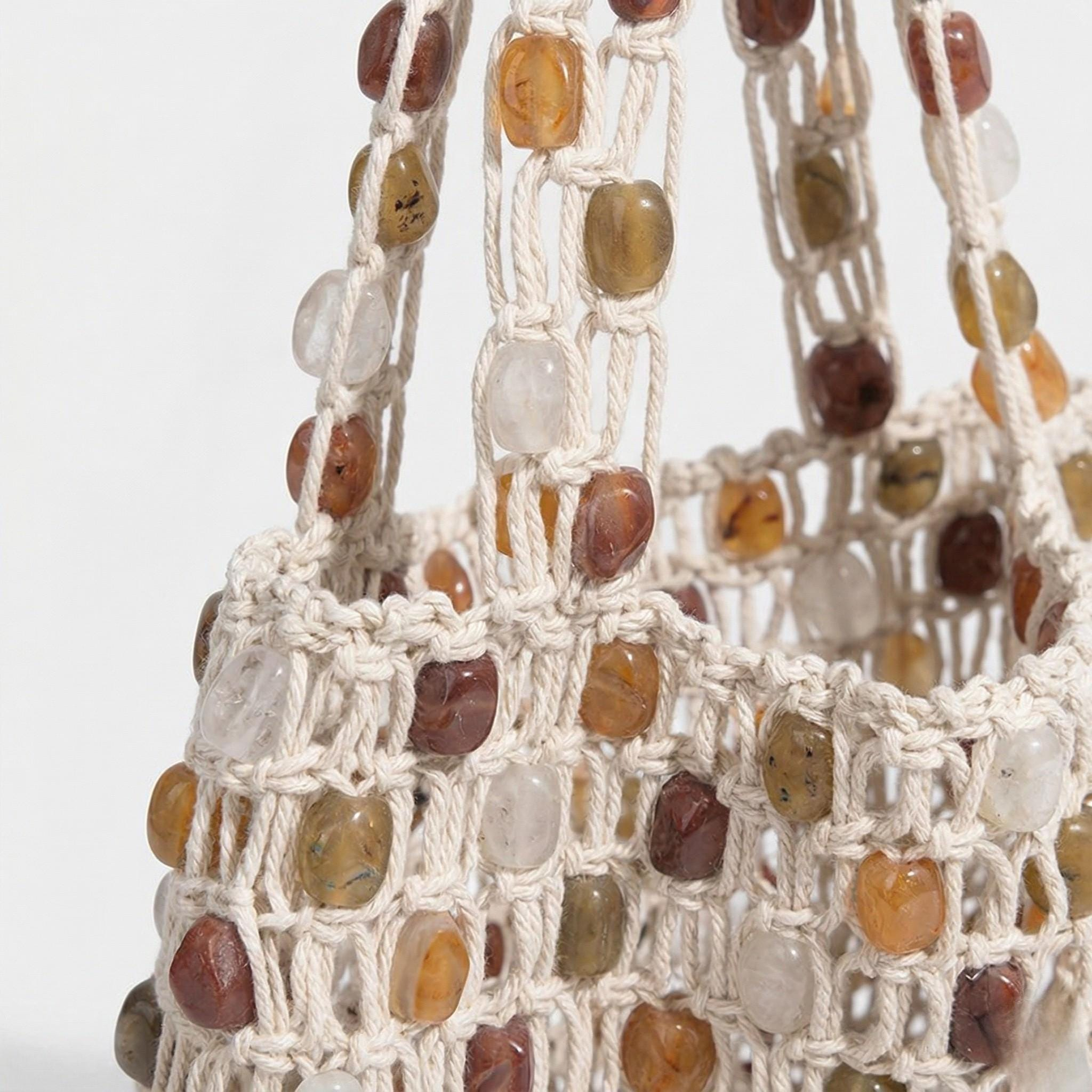 White Beaded Macrame Tote Bag - Image 3