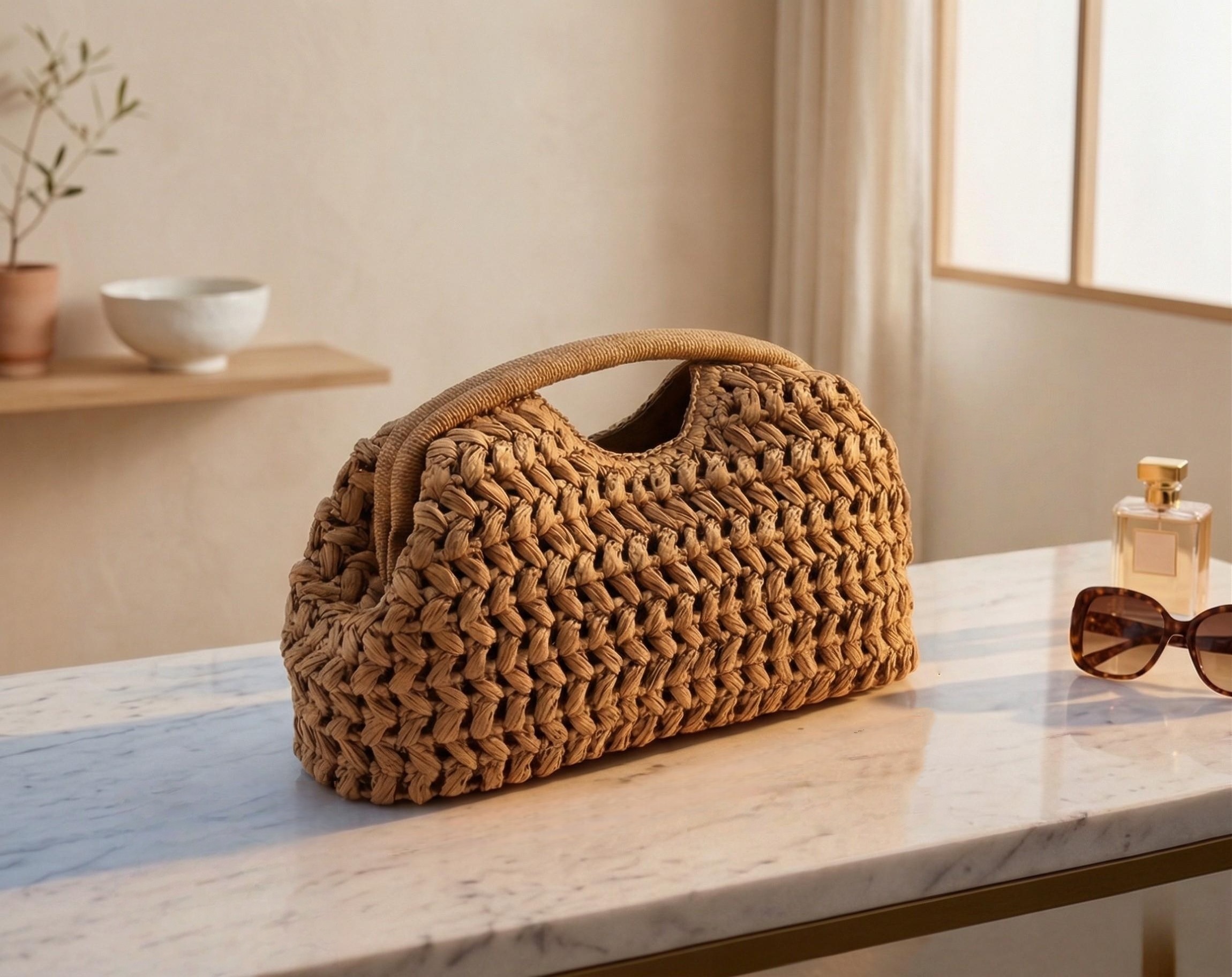 Natural Raffia Woven Top Handle Bag