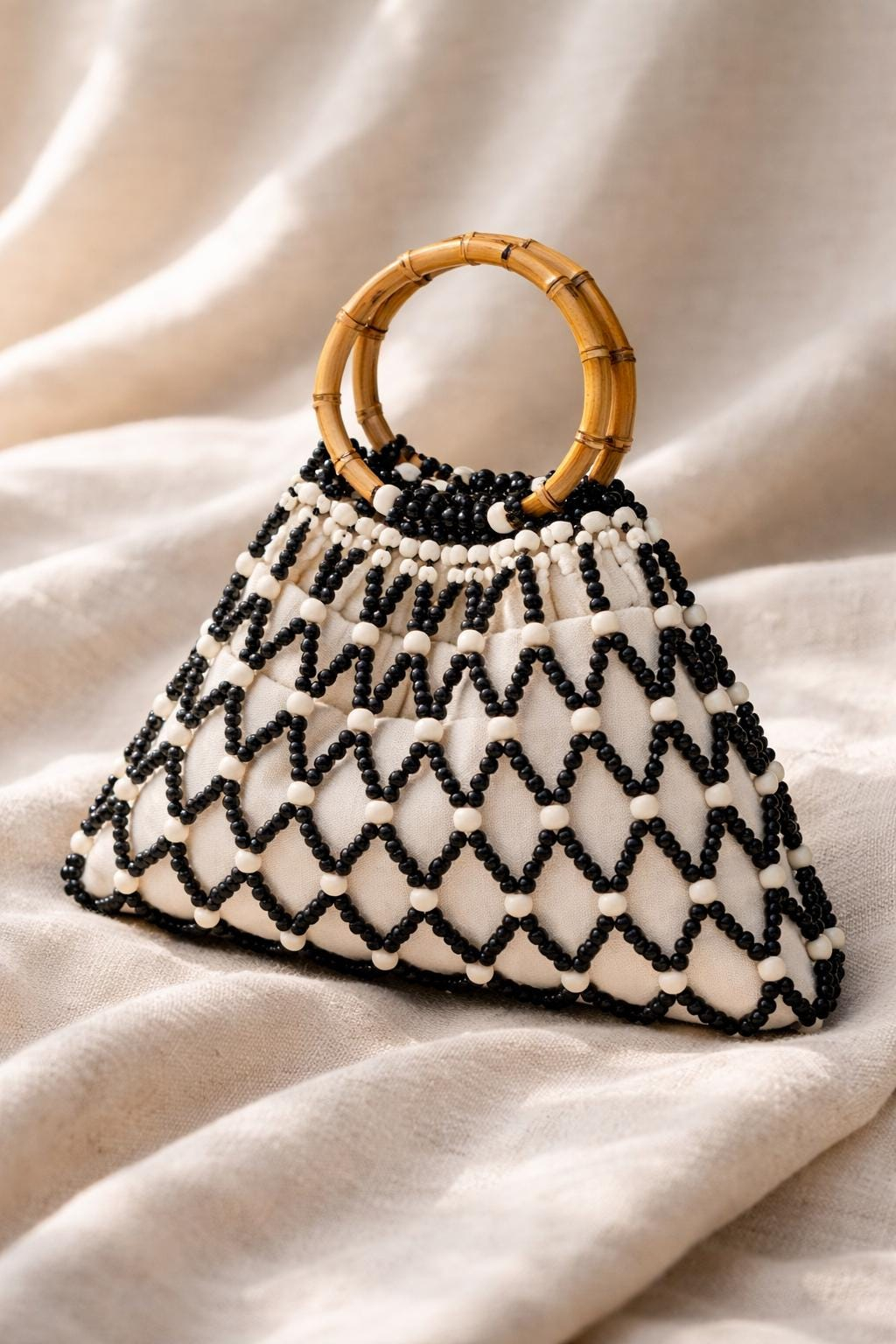 White Beaded Bamboo Handle Bag - Image 2
