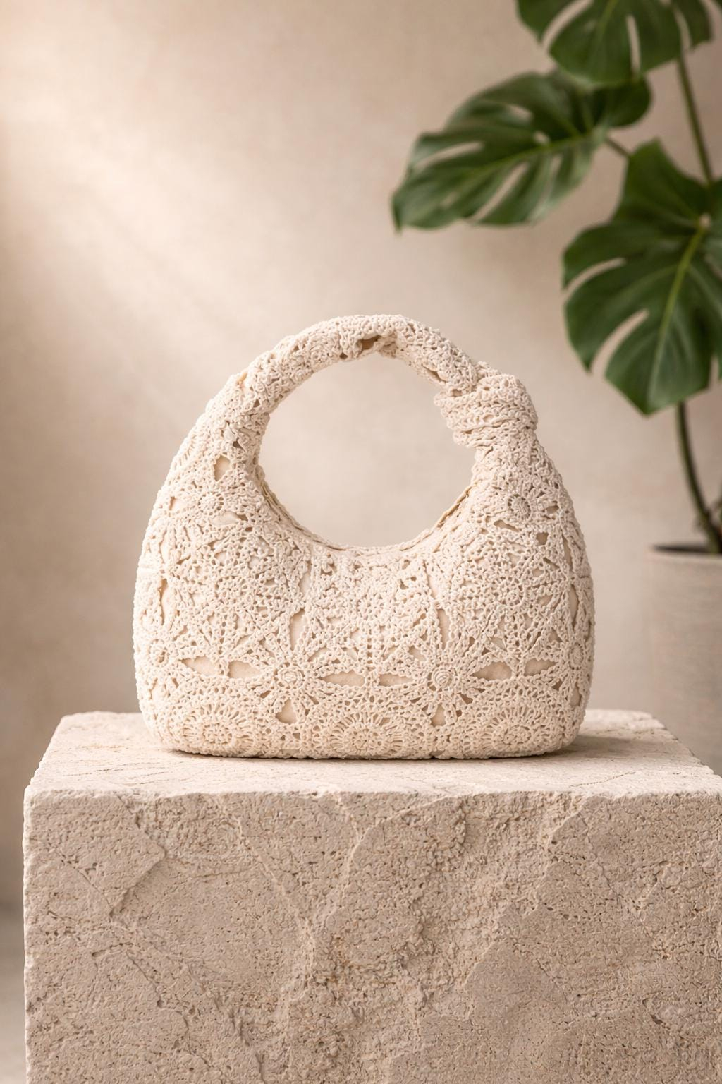 Ivory Floral Crochet Top Handle Bag - Image 6