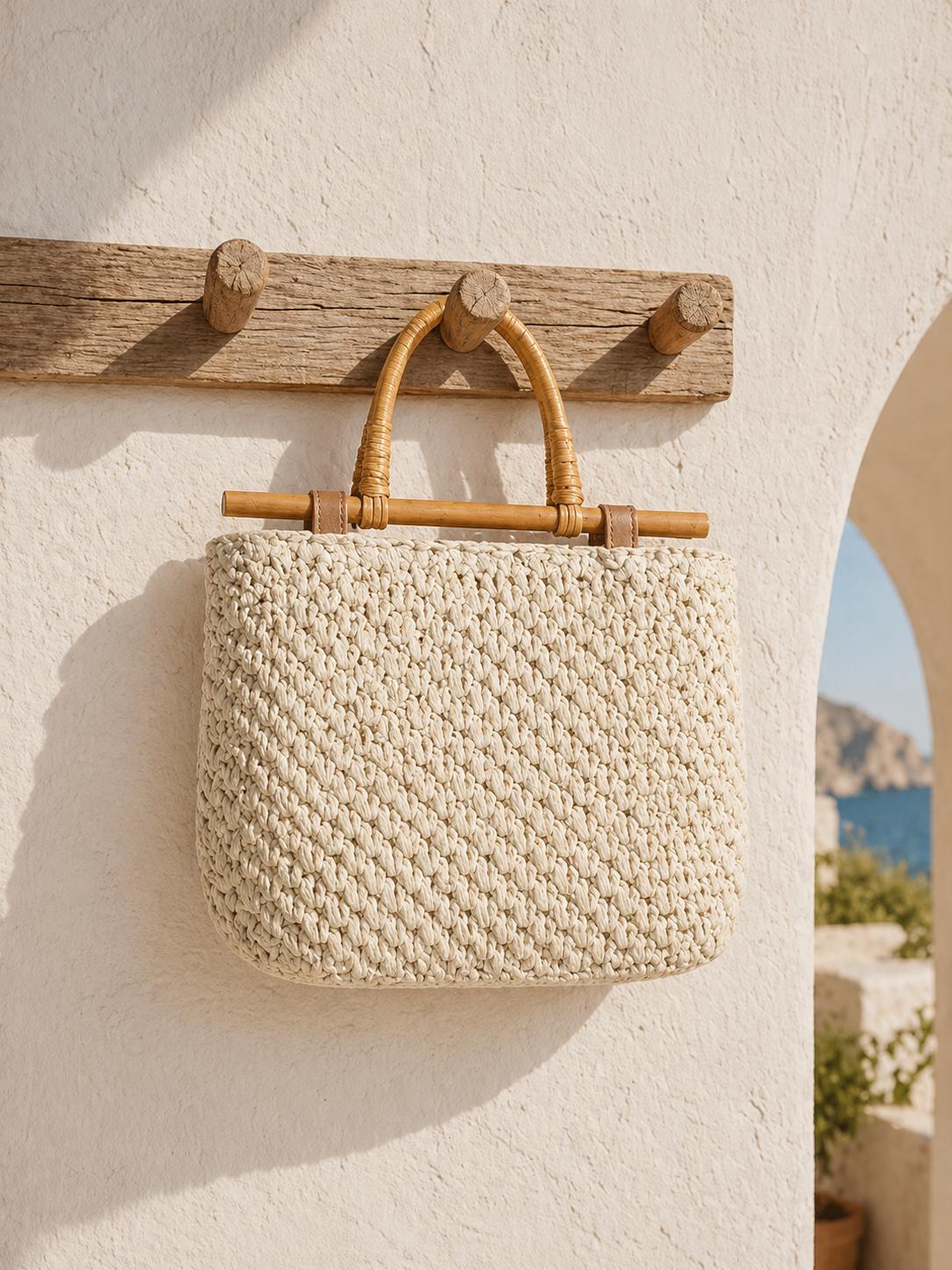 Natural Raffia Bamboo Handle Tote Bag - Image 2