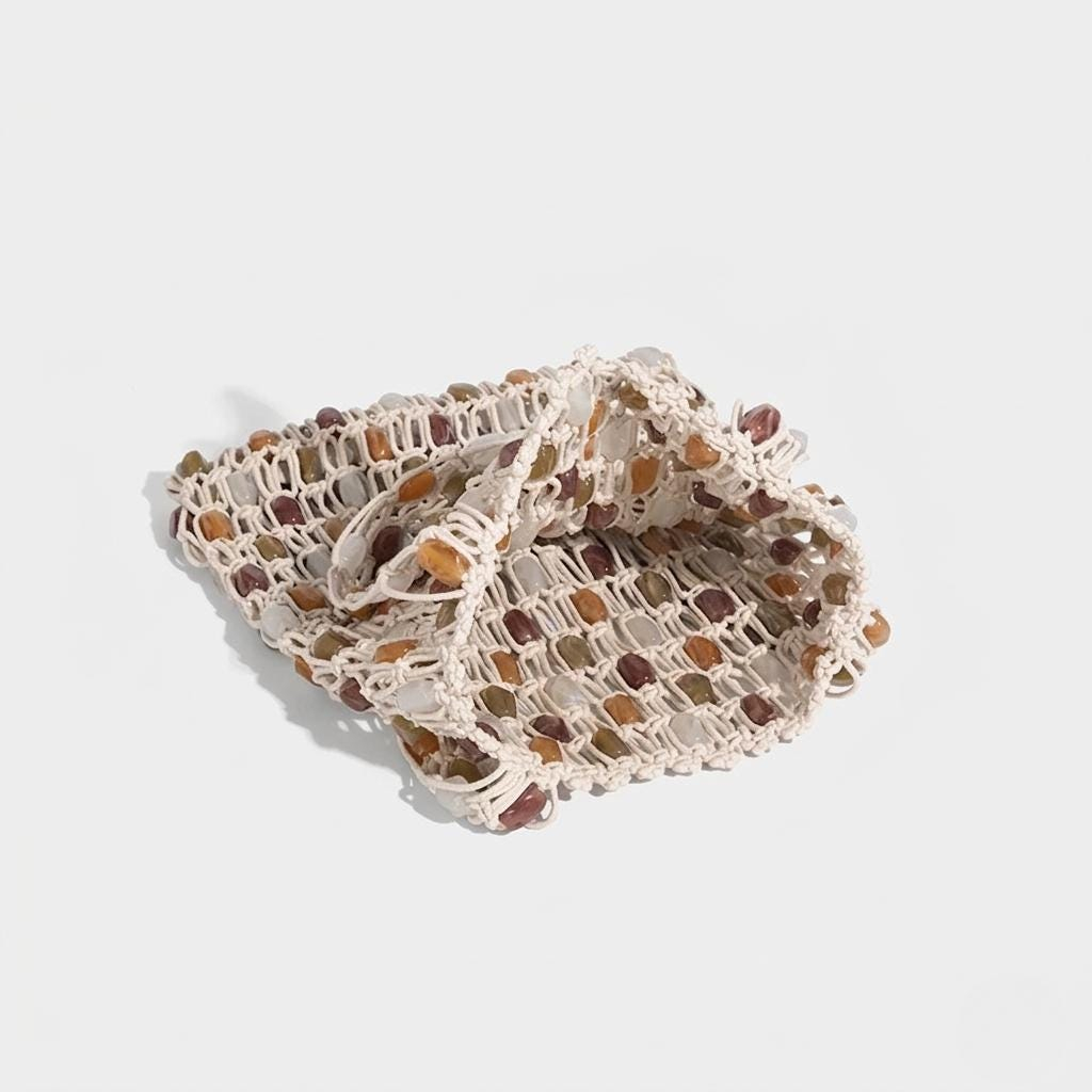 White Beaded Macrame Tote Bag - Image 4