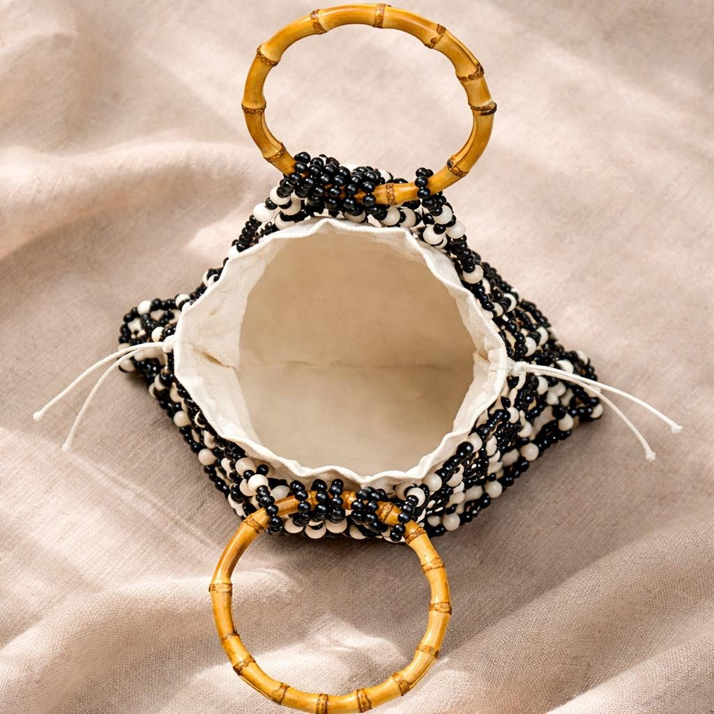 White Beaded Bamboo Handle Bag - Image 4