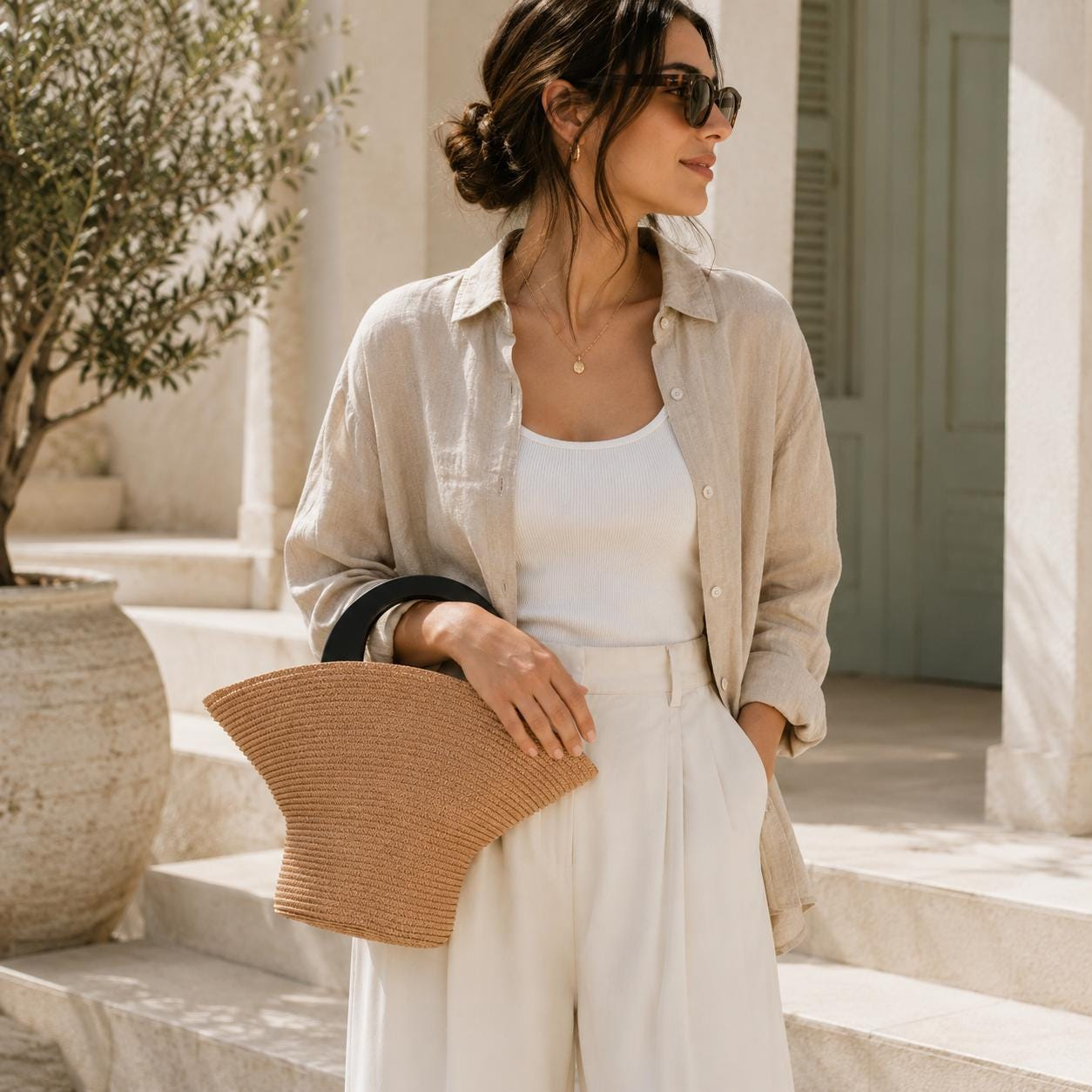 Natural Fan Shape Straw Handbag - Image 2