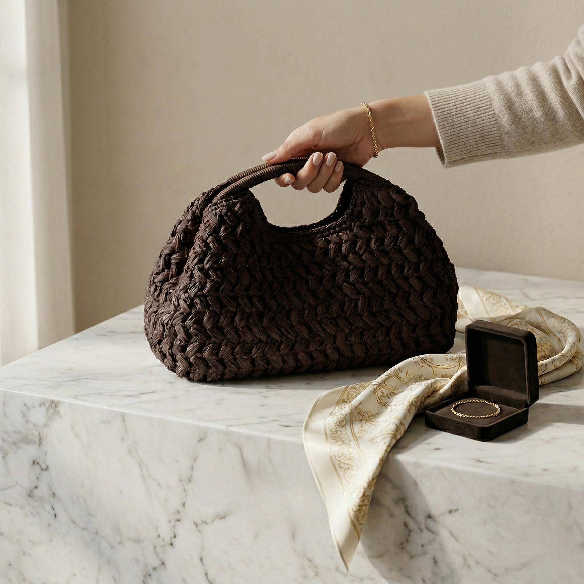Natural Raffia Woven Top Handle Bag - Image 3