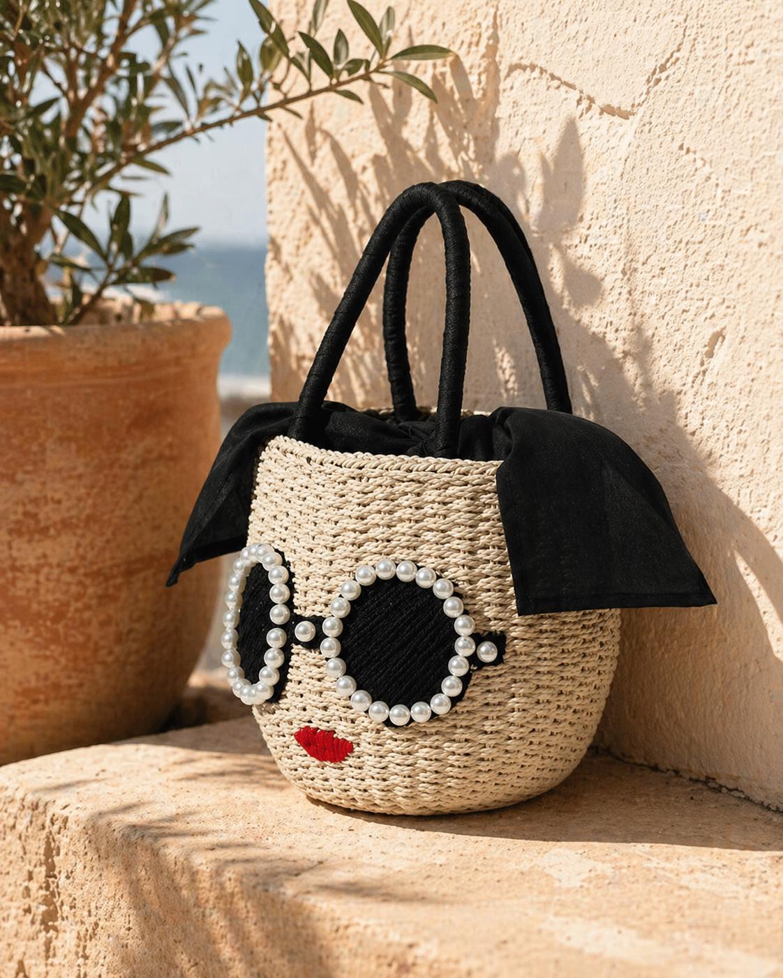 Pearl Sunglasses Straw Basket Bag