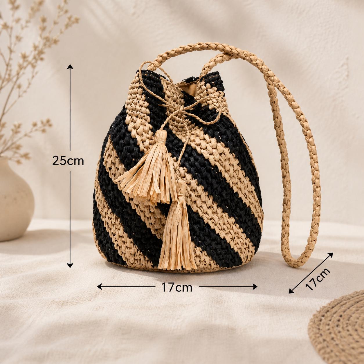 Black Natural Striped Woven Bucket Bag - Image 3