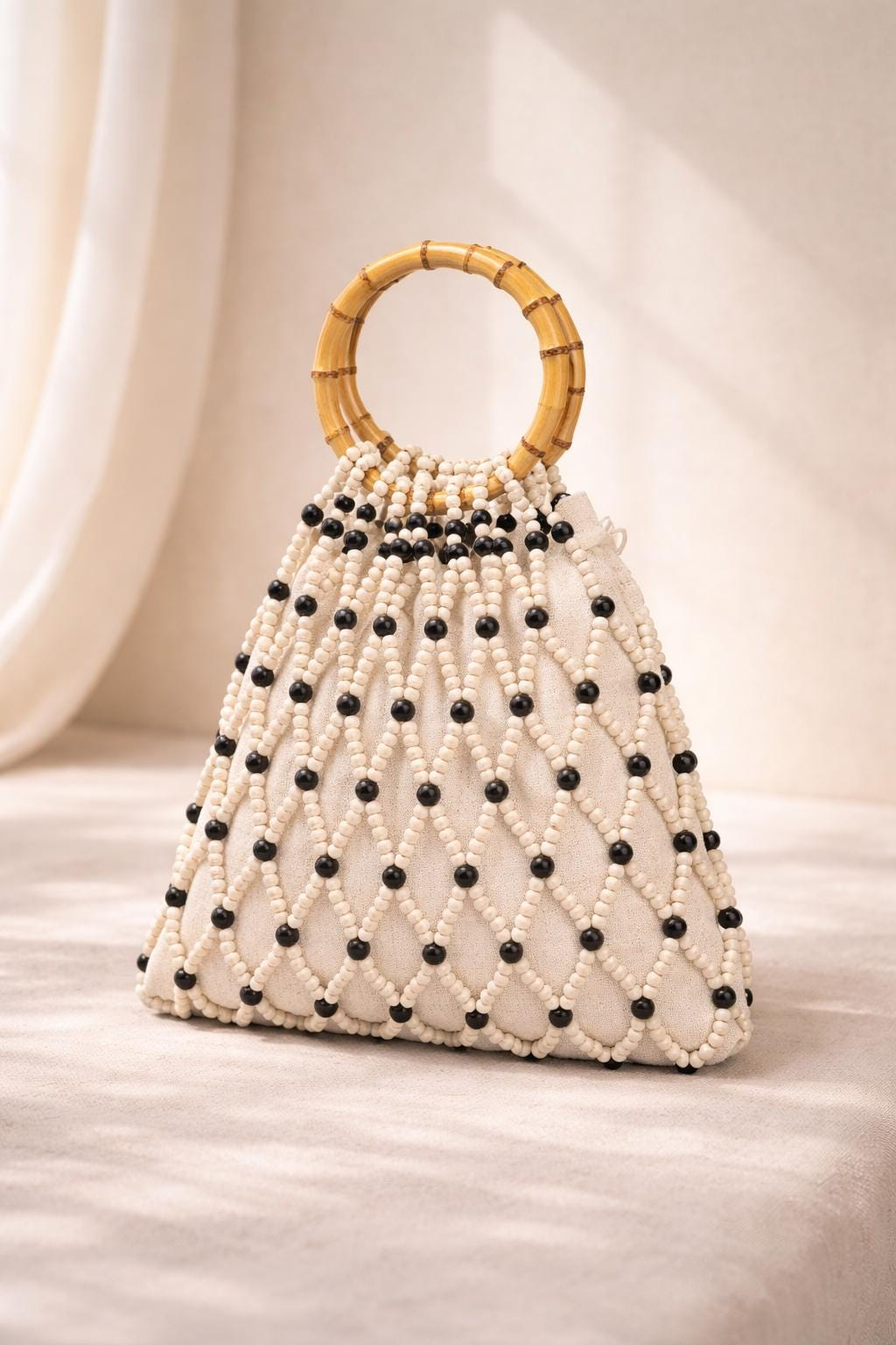 White Beaded Bamboo Handle Bag