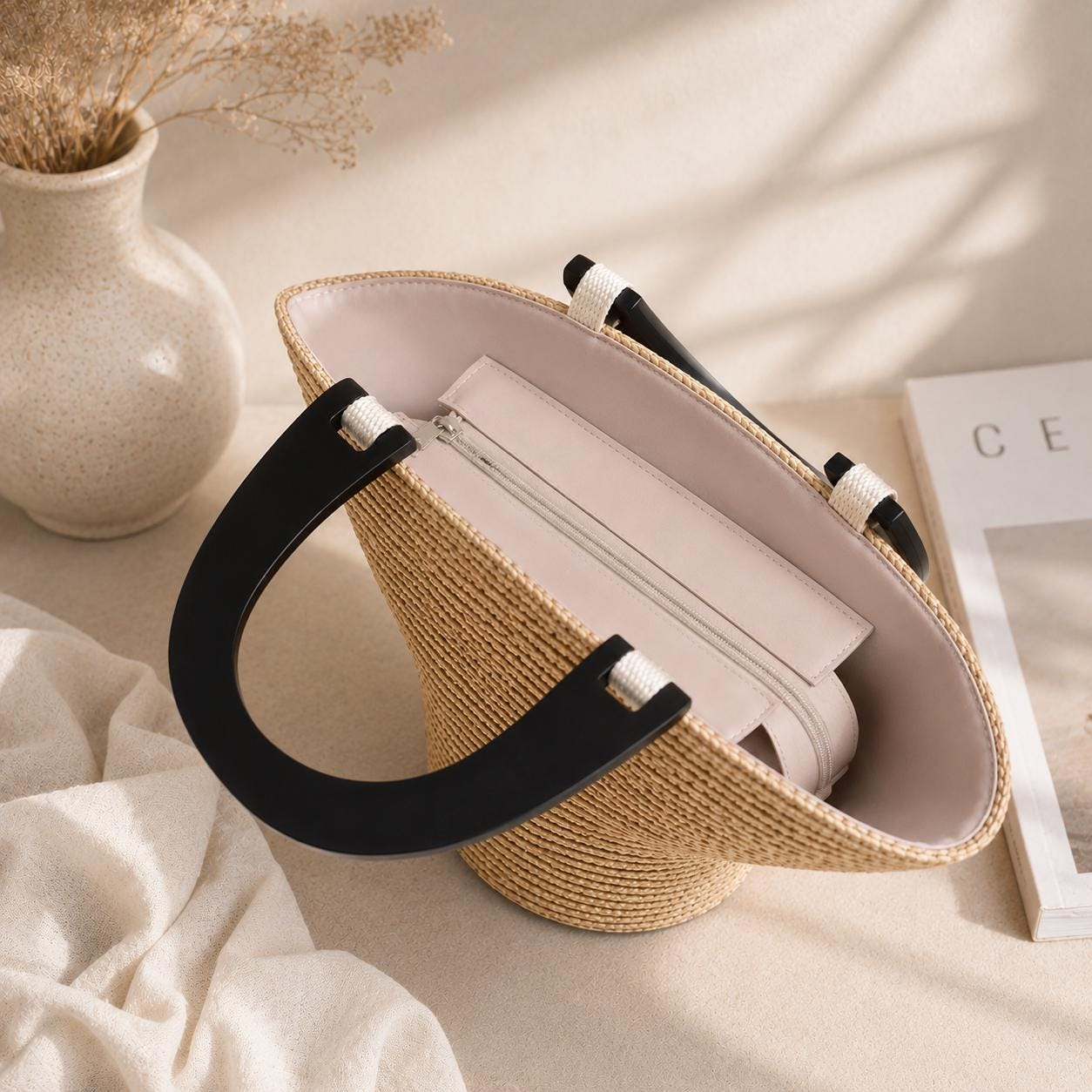 Natural Fan Shape Straw Handbag - Image 4