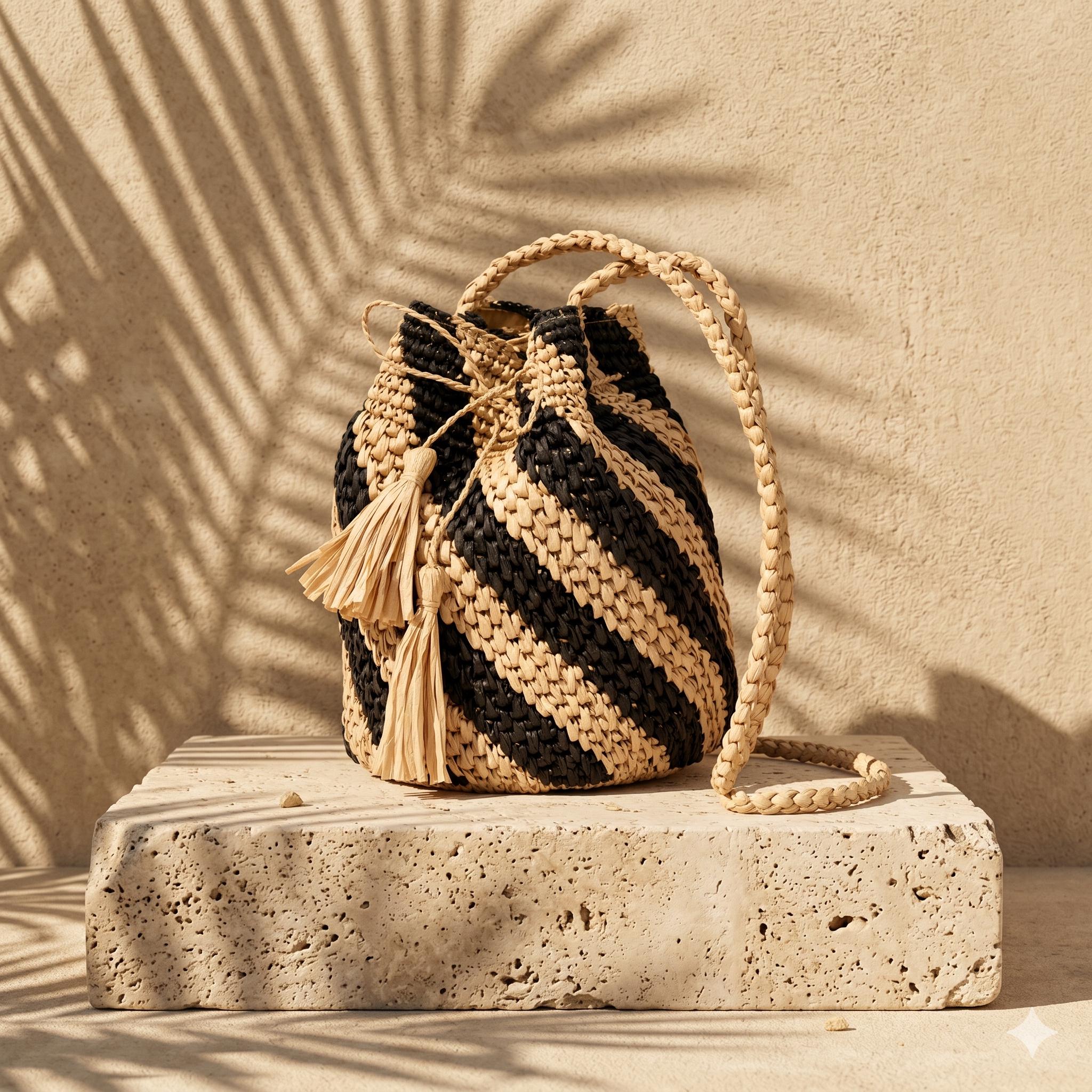 Black Natural Striped Woven Bucket Bag